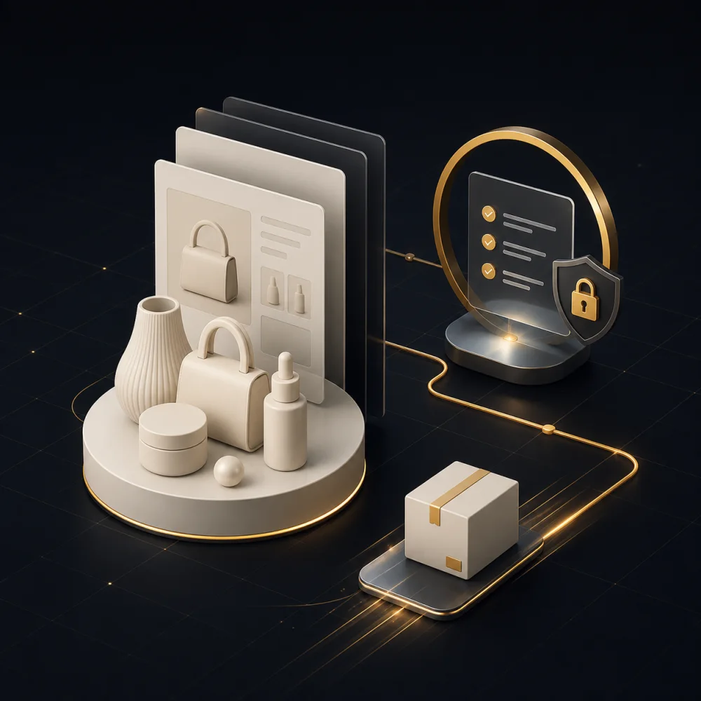 Parcours e-commerce reliant catalogue, paiement sécurisé et livraison